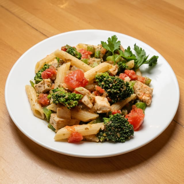 Penne with chicken and broccoli.