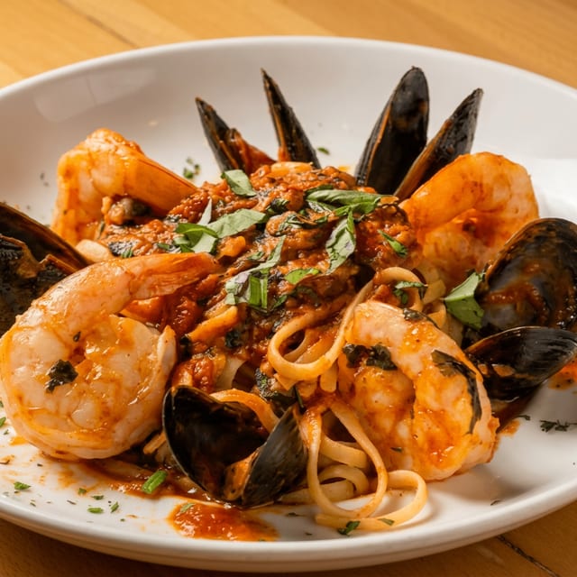 Jumbo shrimp and mussels fra diavolo.